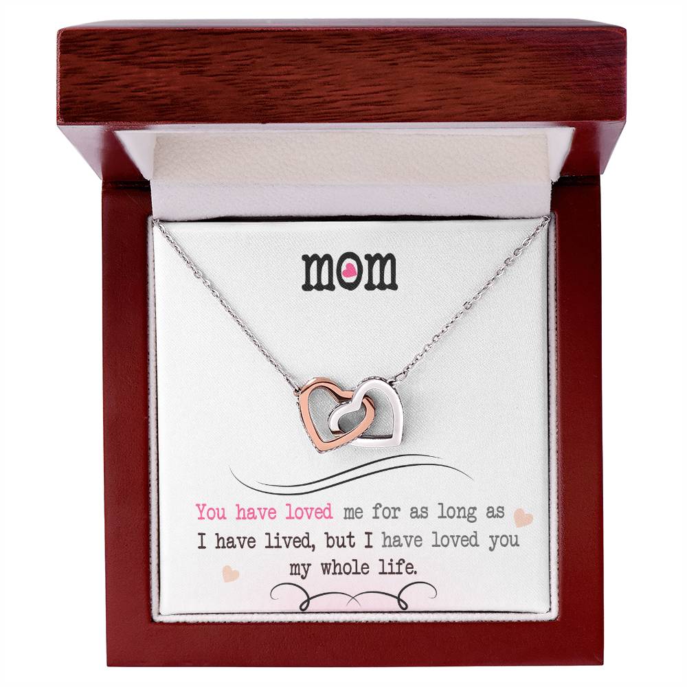 Interlocking Heart Necklace for Mom – 'Loved You My Whole Life' CZ Crystal Pendant, Rose Gold or Yellow Gold Keepsake Gift