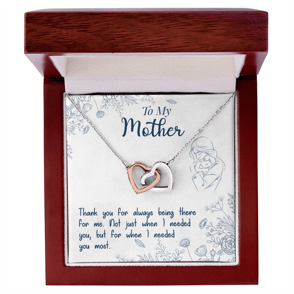 Interlocking Heart Necklace for Mother – 'Thank You For Always Being There' CZ Pendant, Rose Gold or Yellow Gold Gift