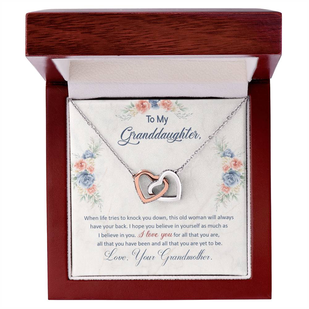 Interlocking Heart Necklace for Granddaughter from Grandma – 'Always Have Your Back' CZ Pendant, Rose Gold or Yellow Gold Gift