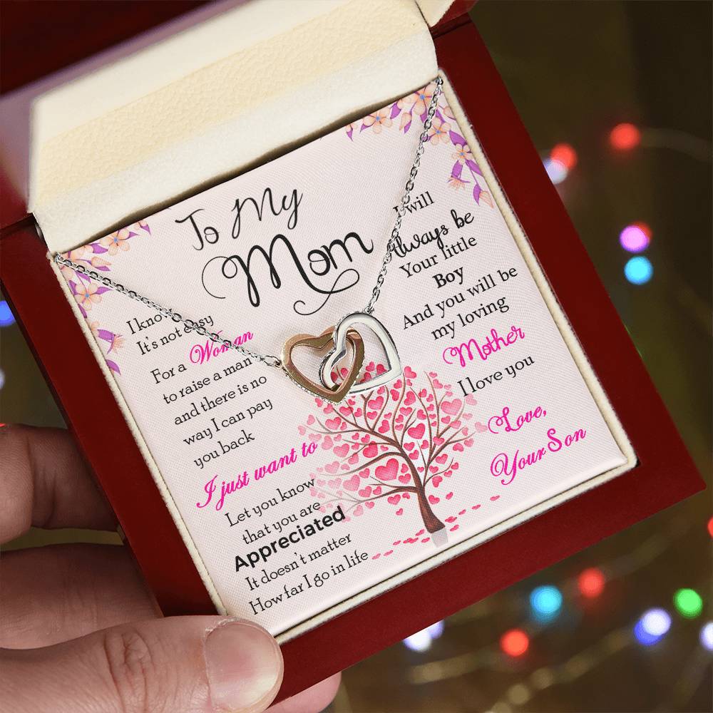 Interlocking Heart Necklace for Mom – 'I Know It's Not Easy' CZ Crystal Pendant, Rose Gold or Yellow Gold Appreciation Gift
