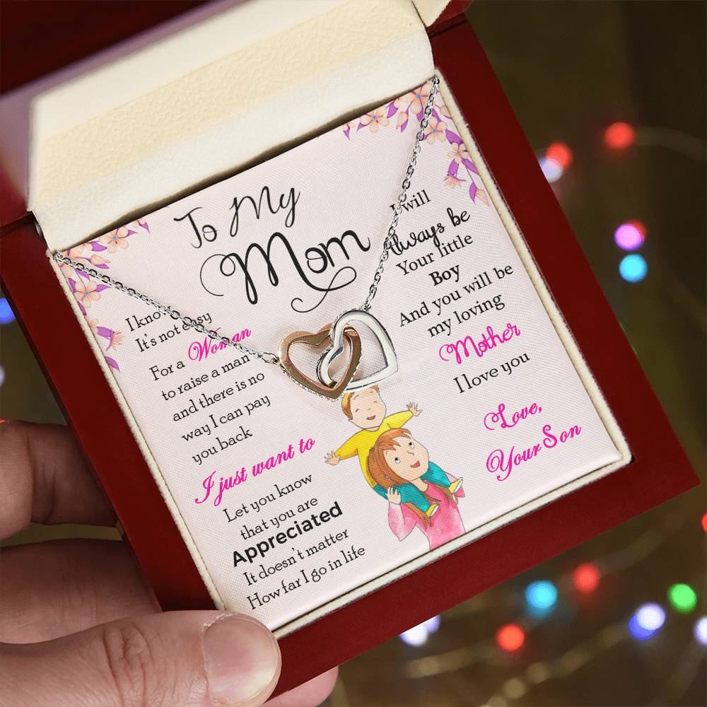 Interlocking Heart Necklace for Mom from Son – 'Always Your Little Boy' CZ Pendant, Rose Gold or Yellow Gold Gift