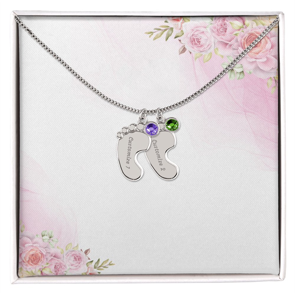 Custom Baby Feet Necklace with Birthstone & Engraving – Personalized Mom Gift