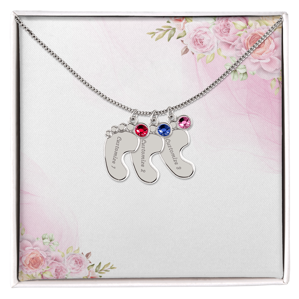 Custom Baby Feet Necklace with Birthstone & Engraving – Personalized Mom Gift