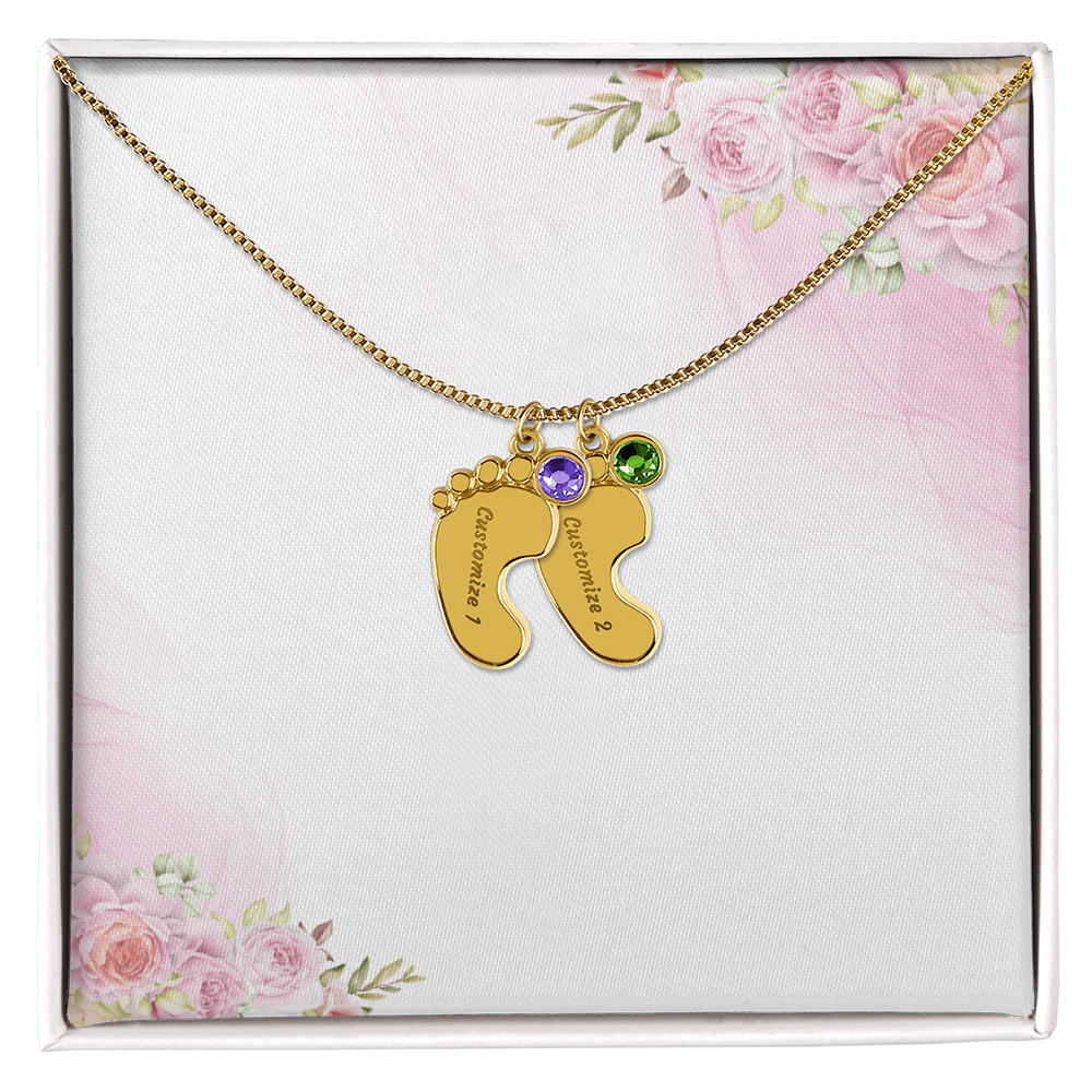 Custom Baby Feet Necklace with Birthstone & Engraving – Personalized Mom Gift