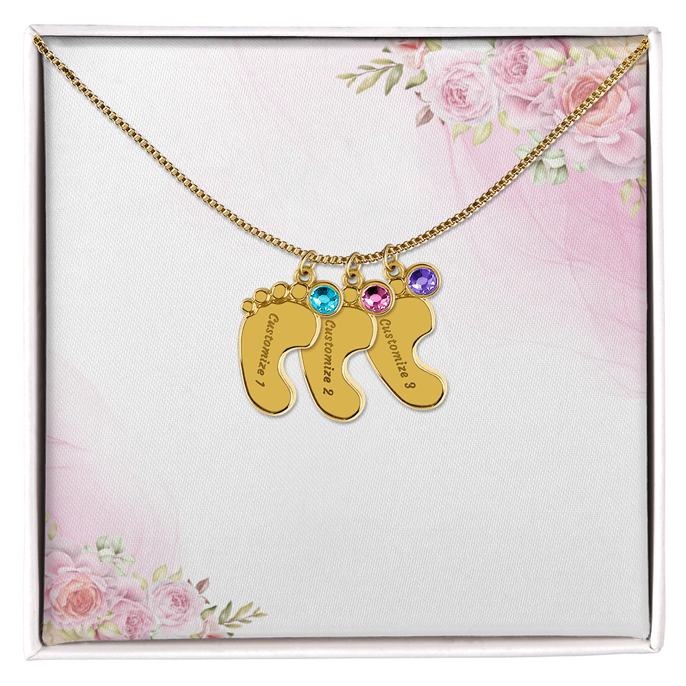 Custom Baby Feet Necklace with Birthstone & Engraving – Personalized Mom Gift