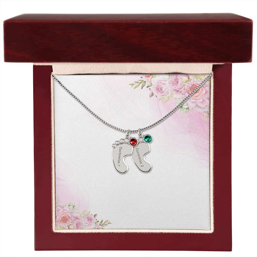 Custom Baby Feet Necklace with Birthstone & Engraving – Personalized Mom Gift