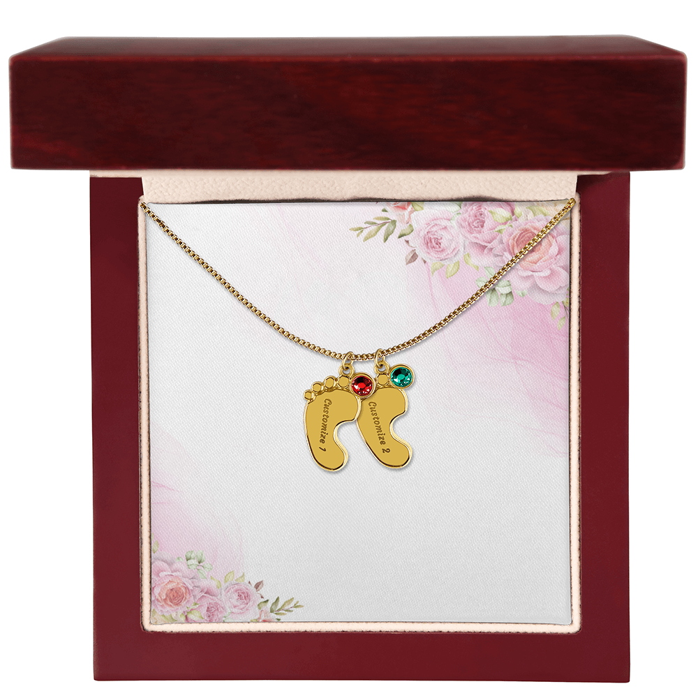 Custom Baby Feet Necklace with Birthstone & Engraving – Personalized Mom Gift