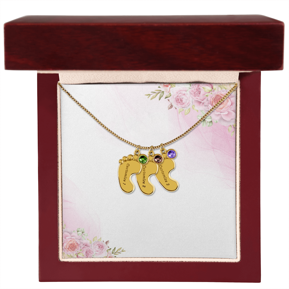 Custom Baby Feet Necklace with Birthstone & Engraving – Personalized Mom Gift