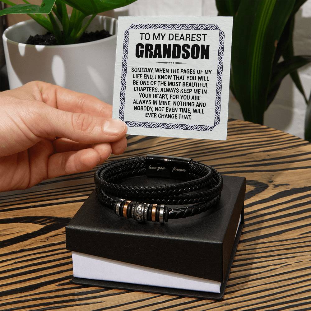 Men's Engraved 'Love You Forever' Bracelet for Grandson – 'Pages of My Life' Vegan Leather Stainless Steel Grandparent Gift