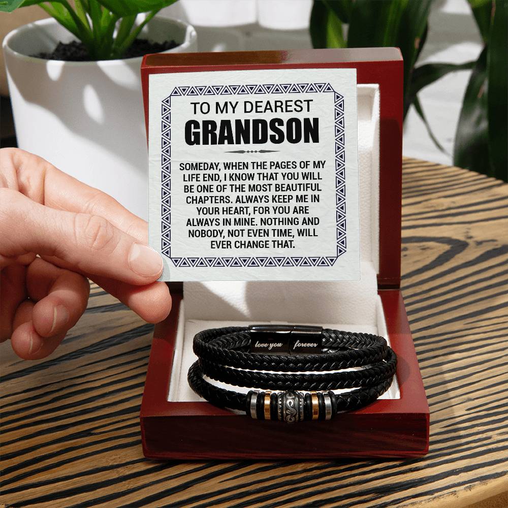 Men's Engraved 'Love You Forever' Bracelet for Grandson – 'Pages of My Life' Vegan Leather Stainless Steel Grandparent Gift