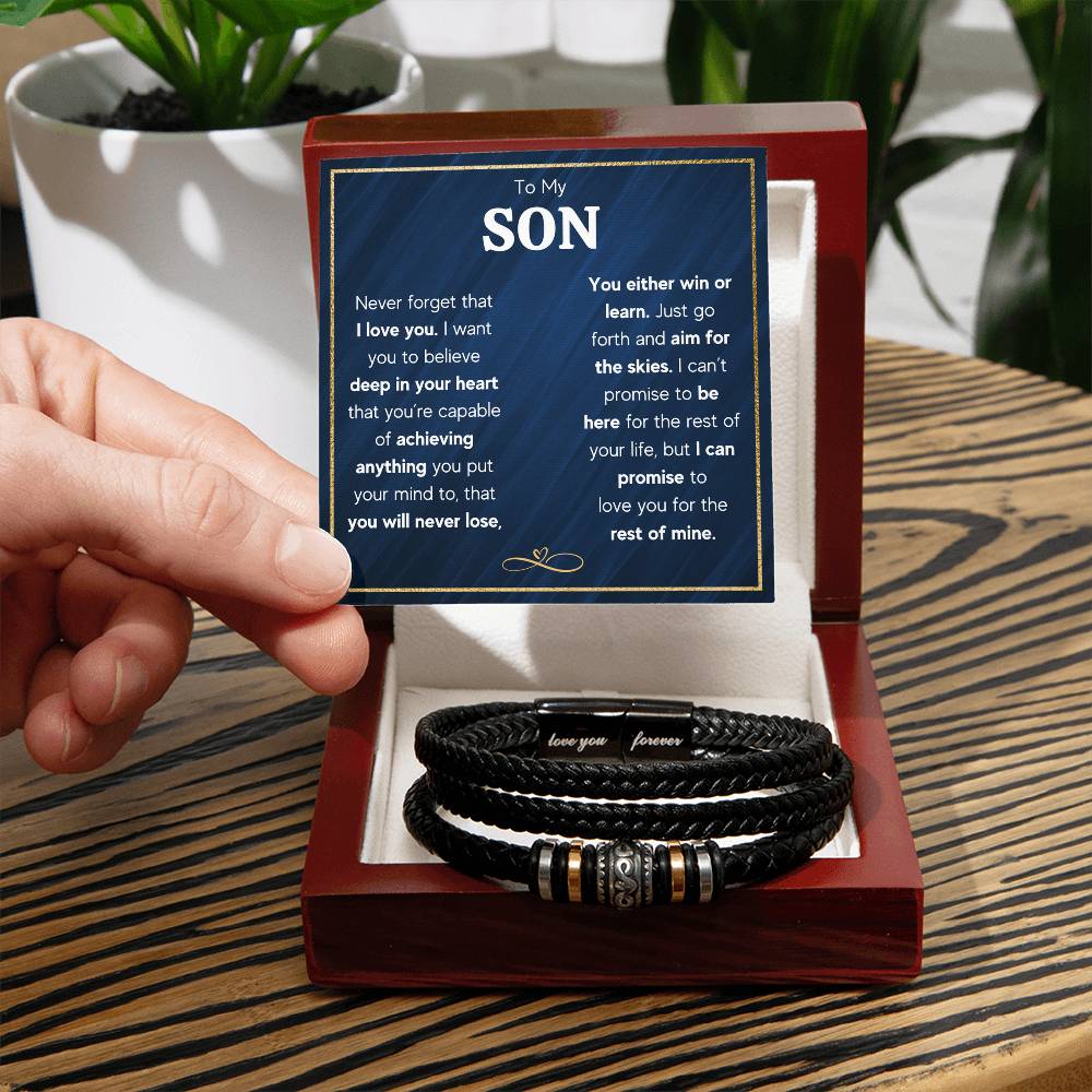 Men's Engraved 'Skies' Bracelet for Son – Braided Vegan Leather & Stainless Steel Magnetic Clasp Inspirational Gift