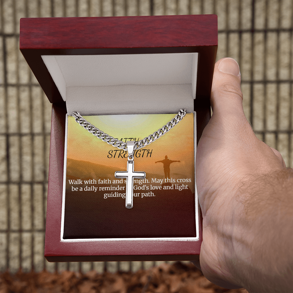 Personalized Faith & Strength Cross Necklace with Cuban Link Chain