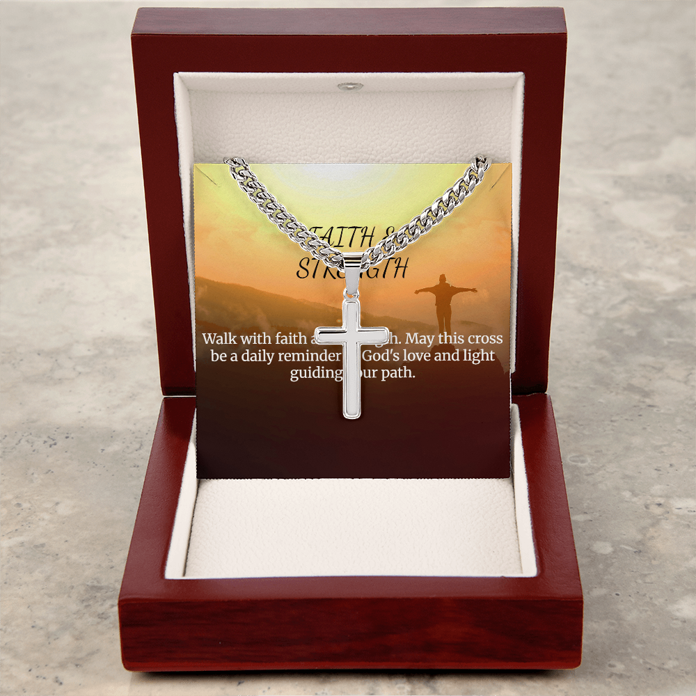 Personalized Faith & Strength Cross Necklace with Cuban Link Chain