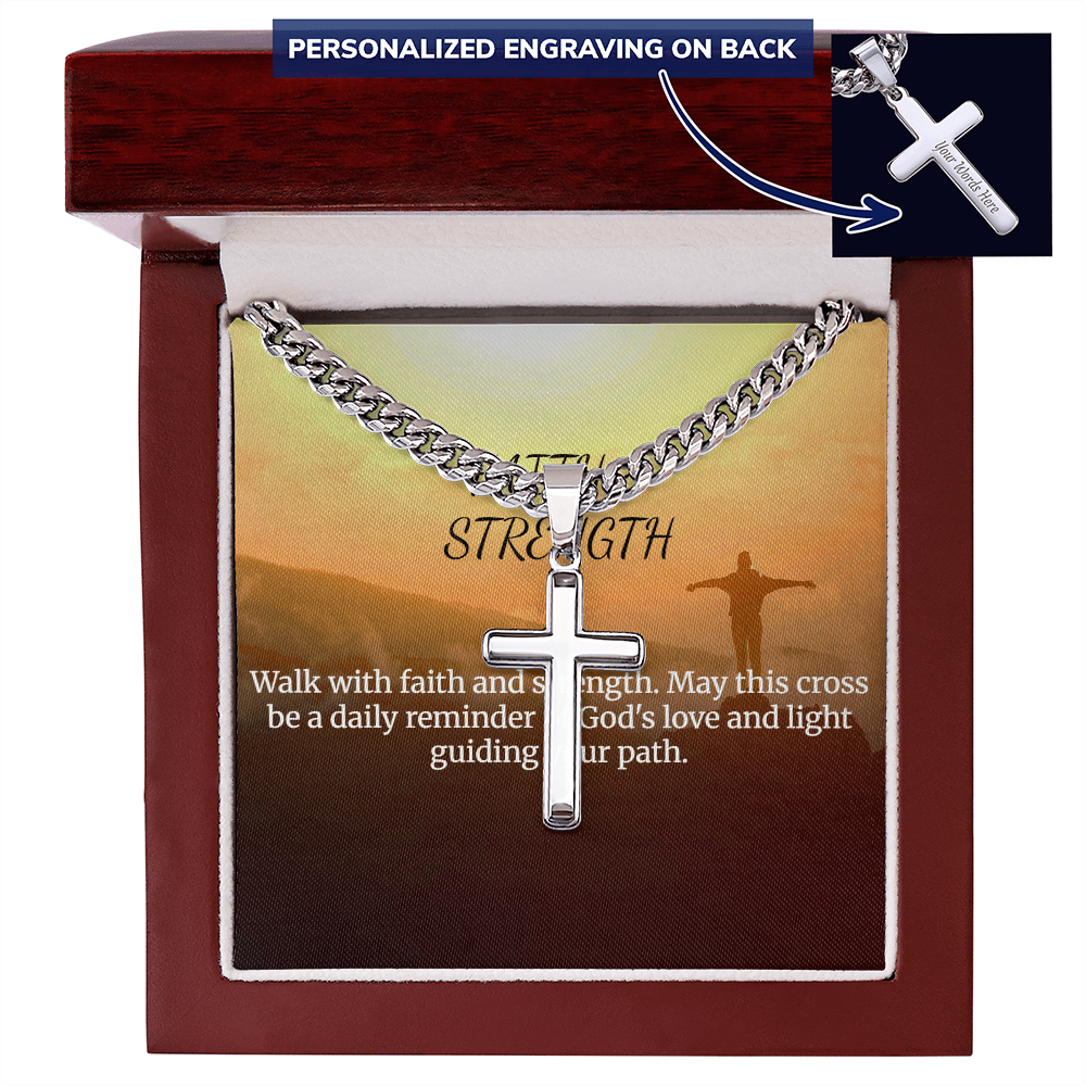 Personalized Faith & Strength Cross Necklace with Cuban Link Chain