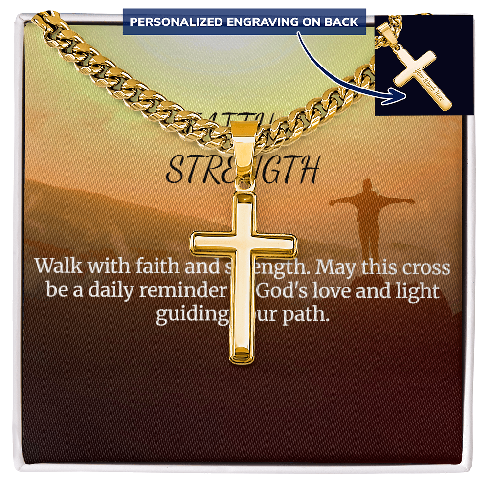Personalized Faith & Strength Cross Necklace with Cuban Link Chain