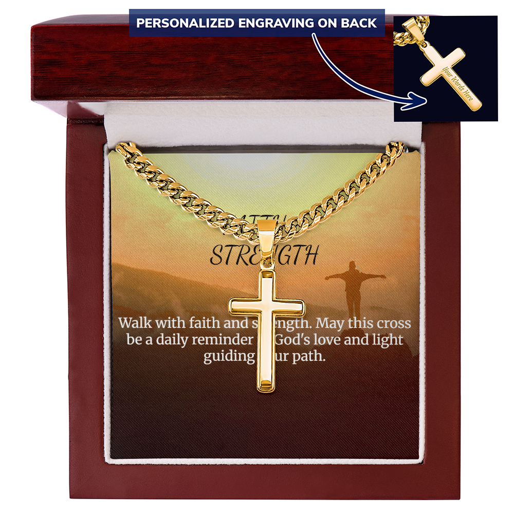 Personalized Faith & Strength Cross Necklace with Cuban Link Chain