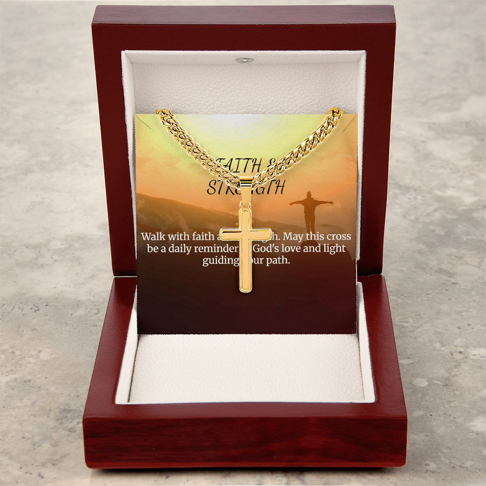 Personalized Faith & Strength Cross Necklace with Cuban Link Chain