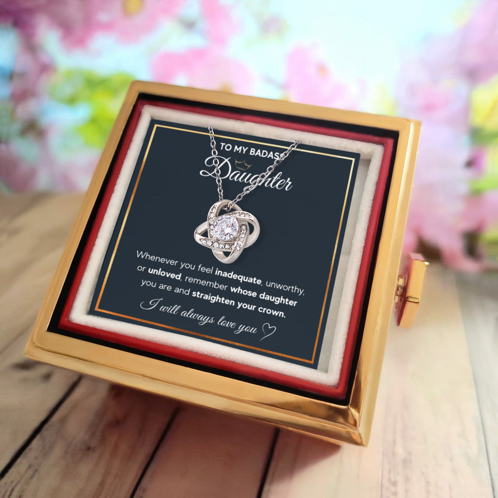 Love Knot Necklace for Daughter with Preserved Rose Gift Box – CZ Pendant, White or Yellow Gold Birthday Gift