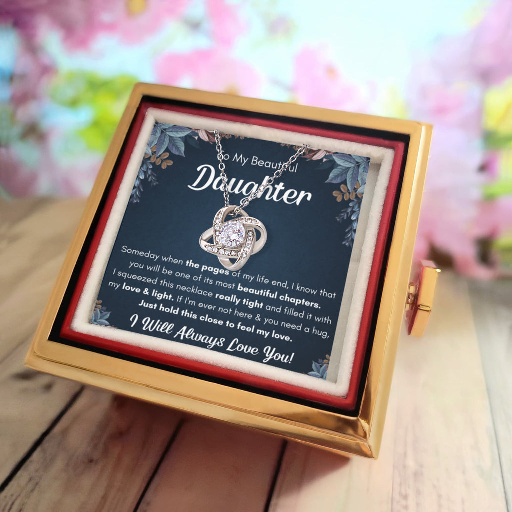 Love Knot Necklace with Preserved Rose Box for Daughter – 'Chapters Squeezed' CZ Pendant Birthday Gift, White or Yellow Gold
