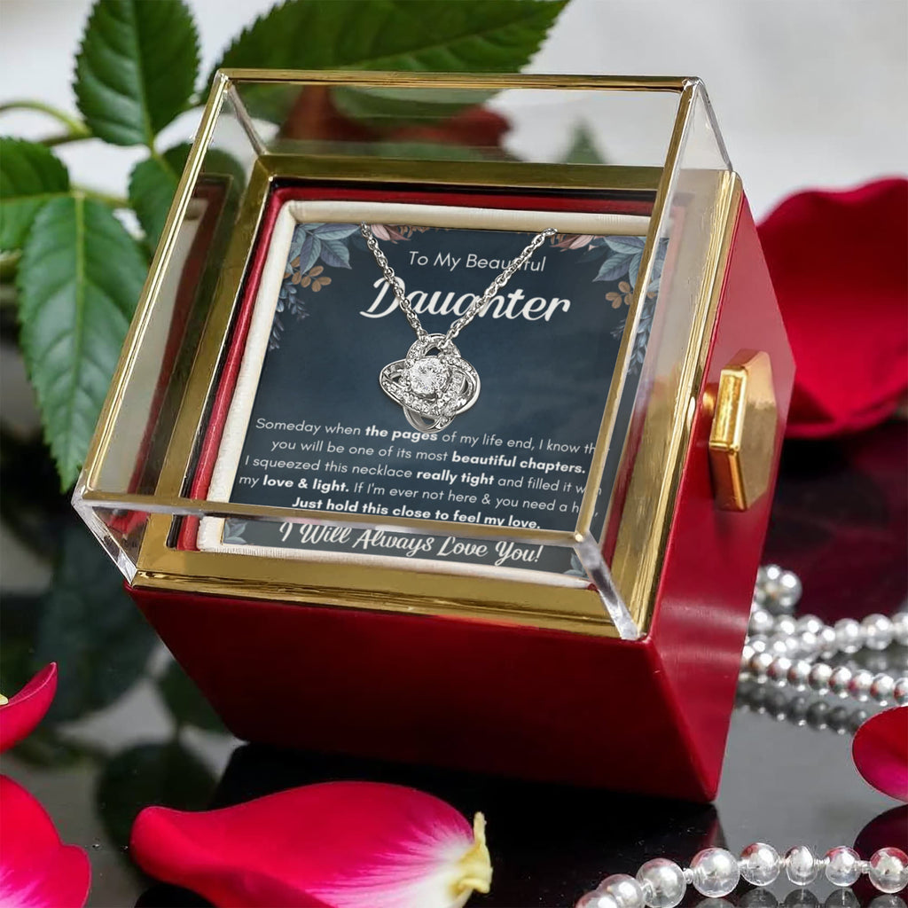 Love Knot Necklace with Preserved Rose Box for Daughter – 'Chapters Squeezed' CZ Pendant Birthday Gift, White or Yellow Gold