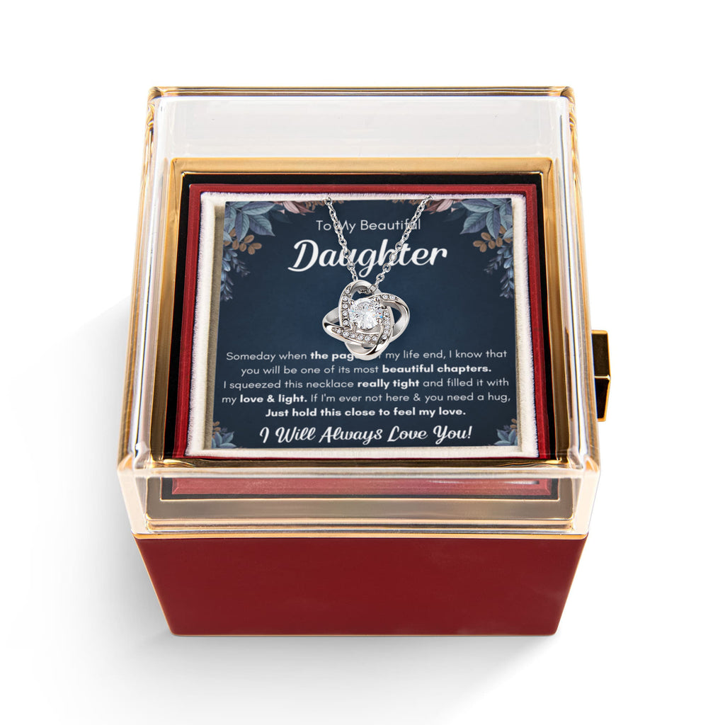 Love Knot Necklace with Preserved Rose Box for Daughter – 'Chapters Squeezed' CZ Pendant Birthday Gift, White or Yellow Gold