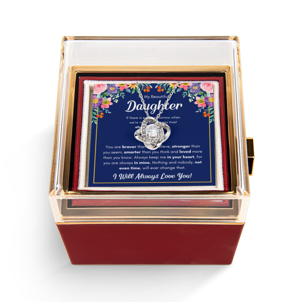 Love Knot Necklace with Preserved Rose Box for Daughter – 'Braver' CZ Pendant Birthday Gift, White or Yellow Gold