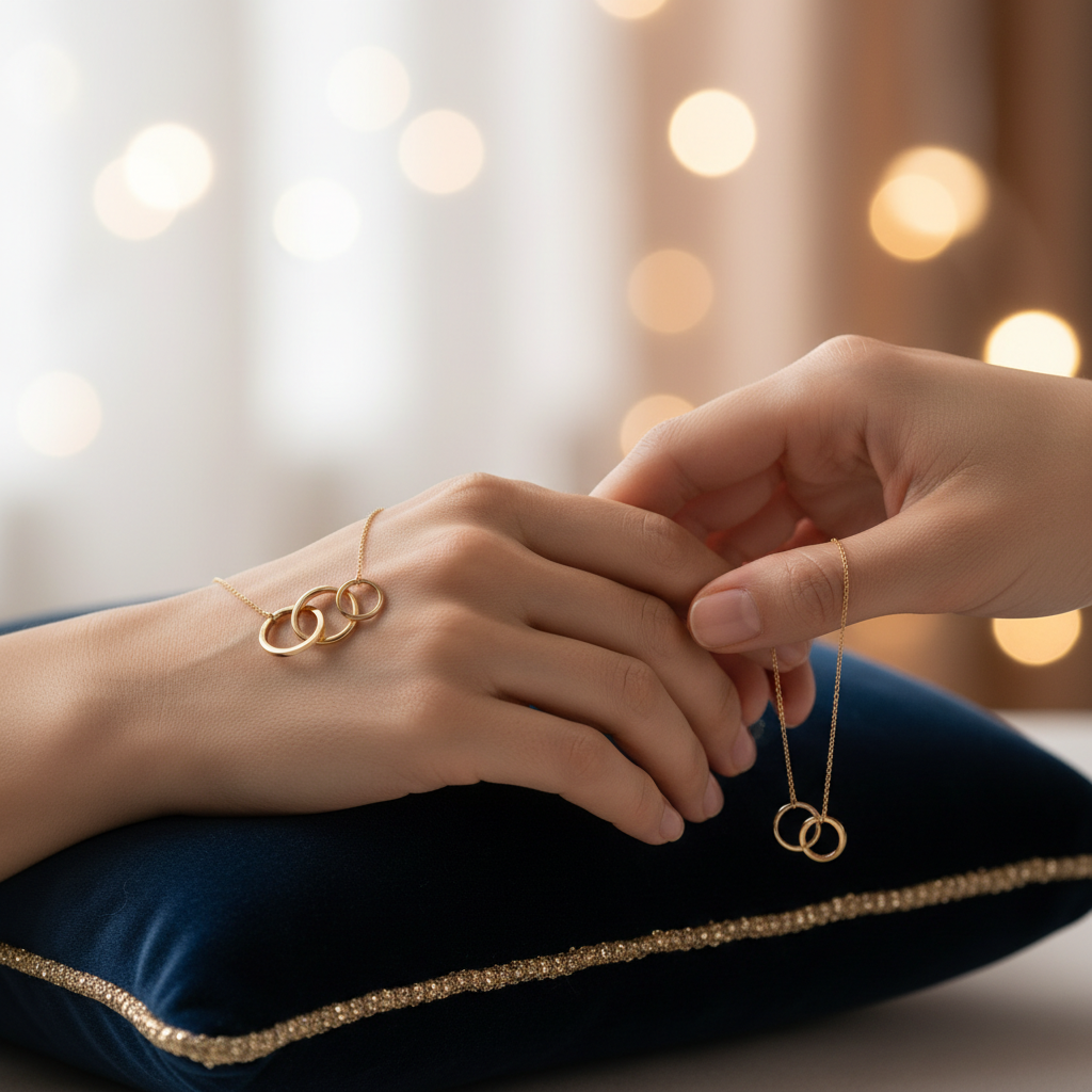 Two women's hands intertwined each wearing a delicate gold interlocking necklace, soft champagne and blush tones, premium jewelry lifestyle photo