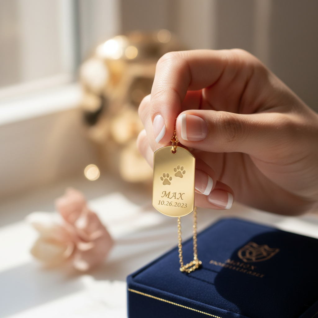 Close-up of a hand holding a gold engraved dog tag necklace, soft champagne and blush tones, premium jewelry lifestyle photo